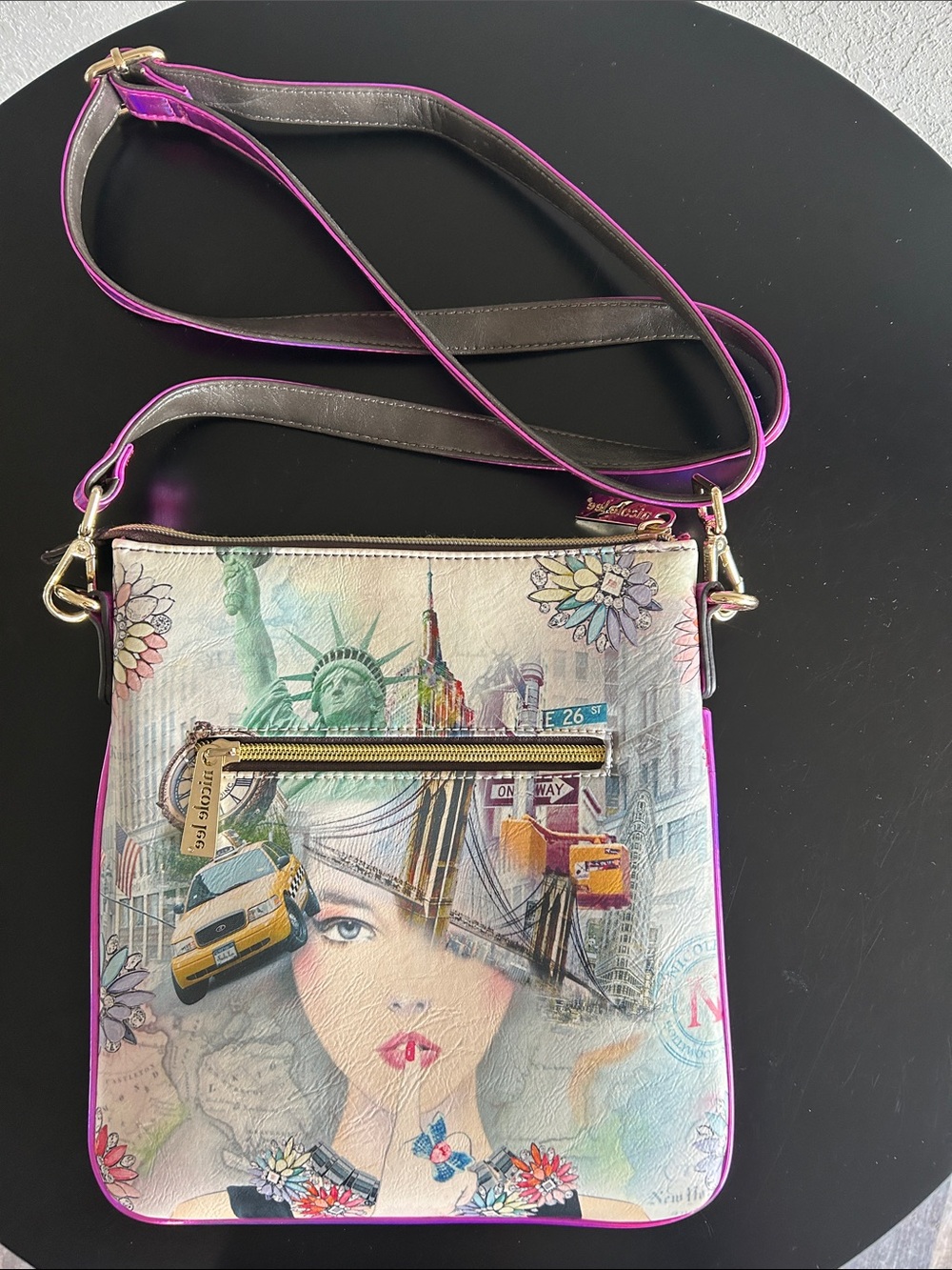 Nicole Lee Illustrated Cityscape Crossbody with Pink Trim